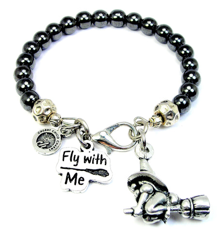 Flying witch gnome fly with me Hematite Glass Bracelet