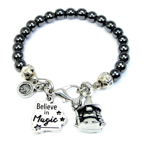 Believe in magic Warty witch gnome  Hematite Glass Bracelet