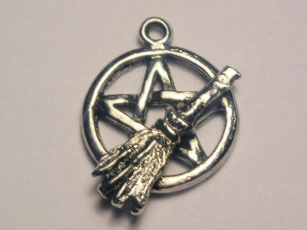 Pentacle With Witch Broom Genuine American Pewter Charm