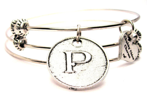 Initial P Circle Triple Style Expandable Bangle Bracelet