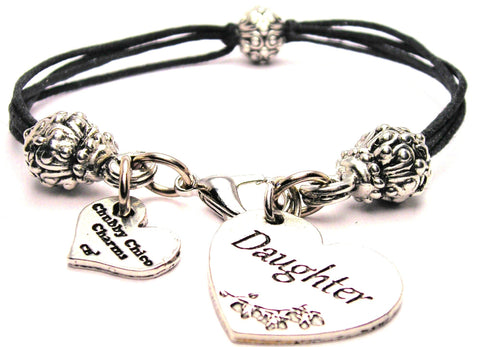 Daughter Heart Beaded Black Cord Bracelet