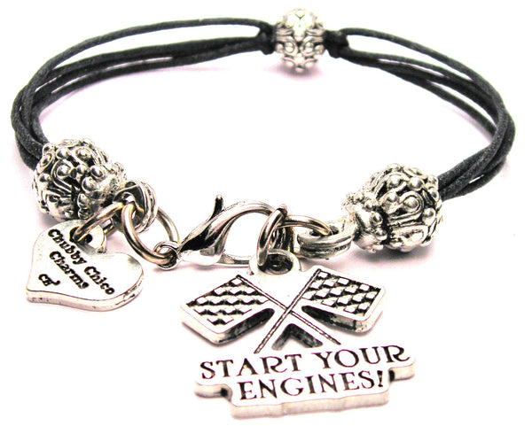 Start Your Engines Beaded Black Cord Bracelet