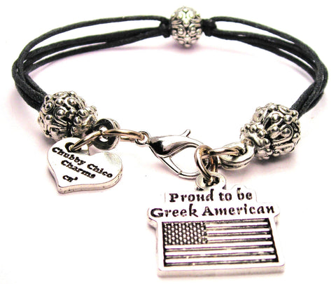 Proud To Be Greek American Beaded Black Cord Bracelet