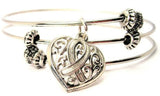 Lace Heart Awareness Ribbon Hand Painted Triple Style Expandable Bangle Bracelet