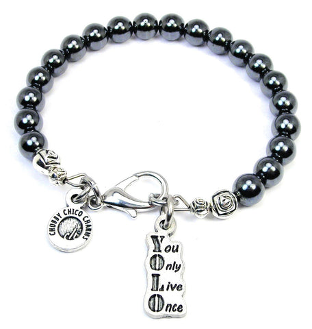 YOLO You Only Live Once Hematite Glass Bracelet