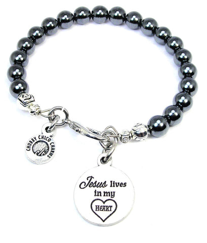 Jesus Lives In My Heart Hematite Glass Bracelet