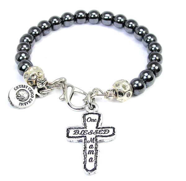 One Blessed Mama Hematite Glass Bracelet