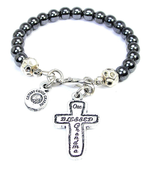 One Blessed Grandma Hematite Glass Bracelet