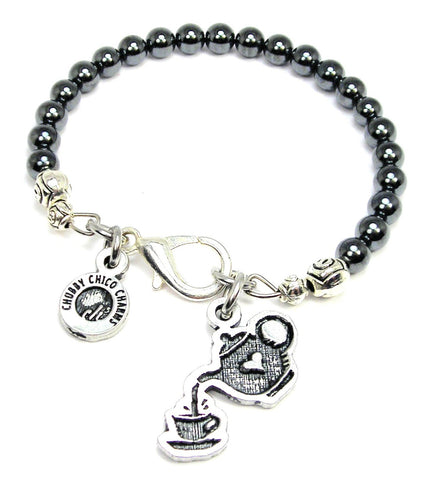 Adorable Teapot Pouring Cup Of Tea Hematite Glass Bracelet