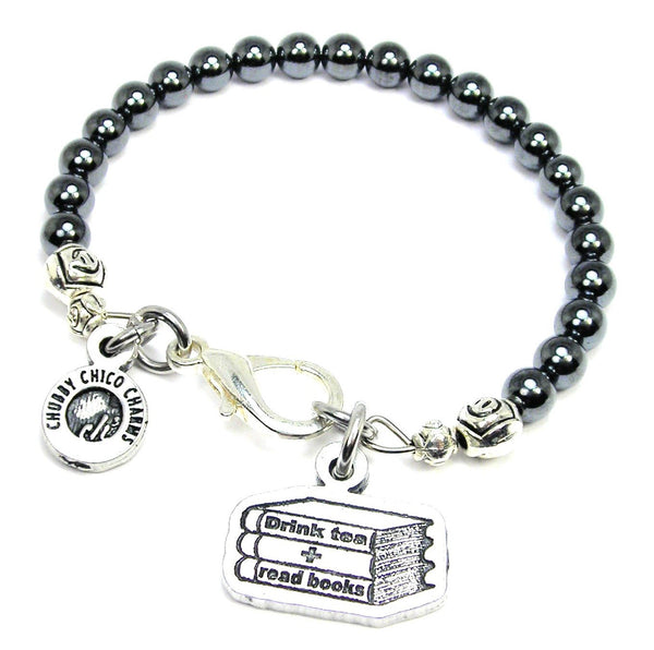 Drink Tea And Read Books Hematite Glass Bracelet