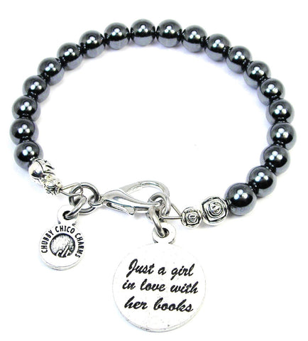 Just A Girl In Love With Her Books Hematite Glass Bracelet