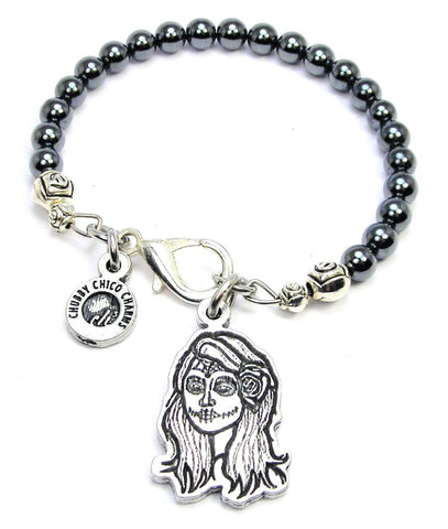 Modern Calavera Hematite Glass Bracelet