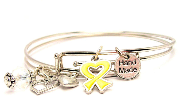 Hand Painted Yellow Small Heart Shaped Awareness Ribbon Expandable Bangle Bracelet Set