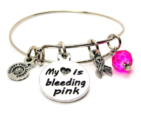 My Heart is Bleeding Pink with Awareness Ribbon Bangle Bracelet