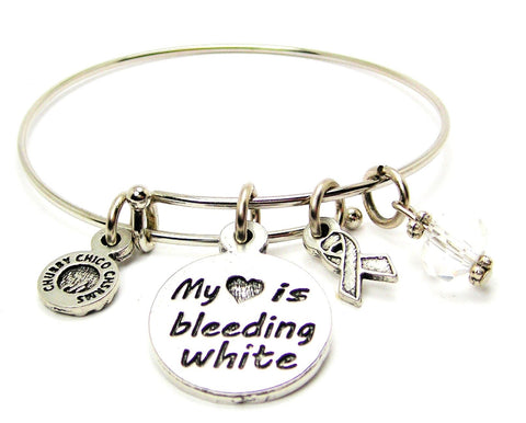 My Heart is Bleeding White with Awareness Ribbon Bangle Bracelet