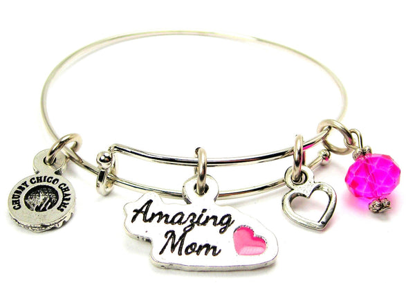 Amazing Mom Hand Painted Heart Charm Bangle Bracelet