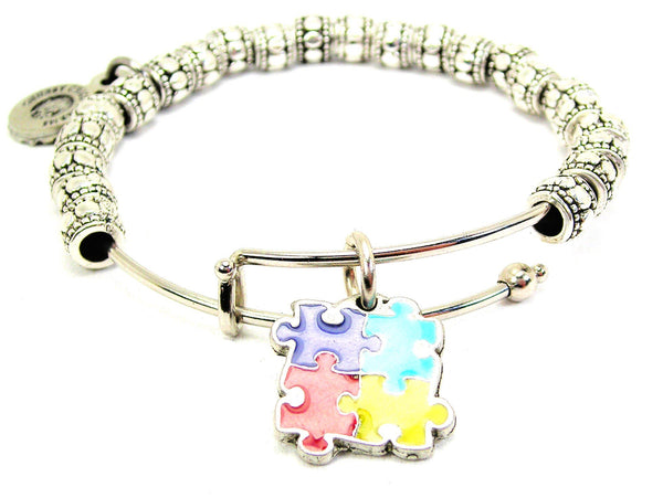 Hand Painted Autism Puzzle Pieces Metal Beaded Bracelet