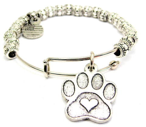 Center Heart Paw Print Metal Beaded Bracelet