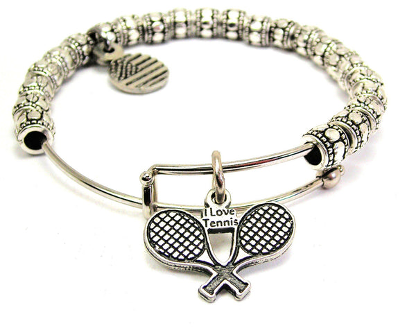 I Love Tennis With Crossed Racquets Metal Beaded Bracelet