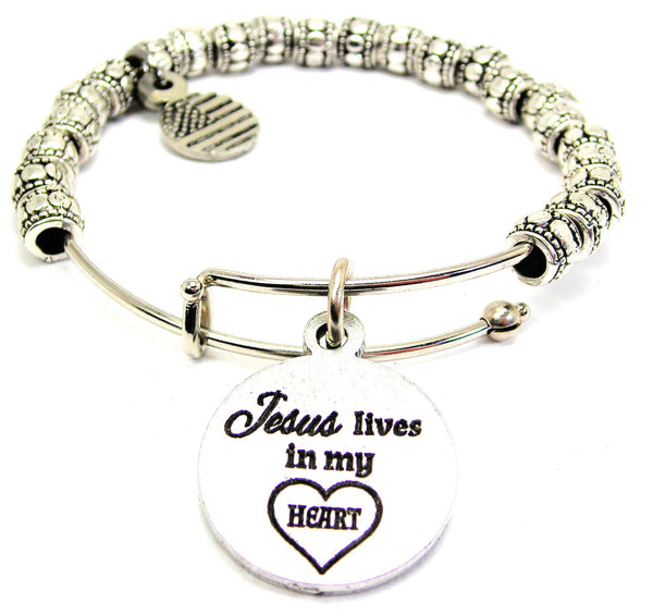 Jesus Lives In My Heart Metal Beaded Bracelet