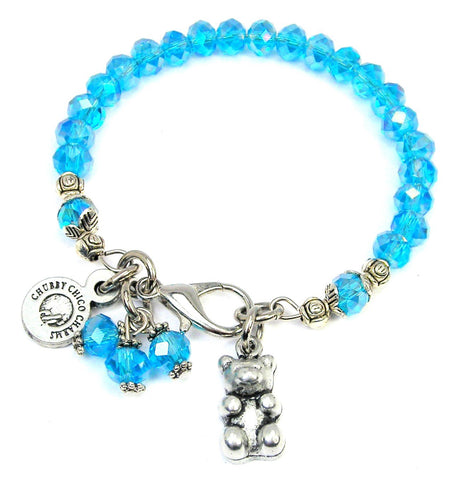 Adorable Gummy Candy Teddy Bear Splash Of Color Crystal Bracelet. Gorgeous Deep Sapphire Blue Crystals with Iridescent Colors.