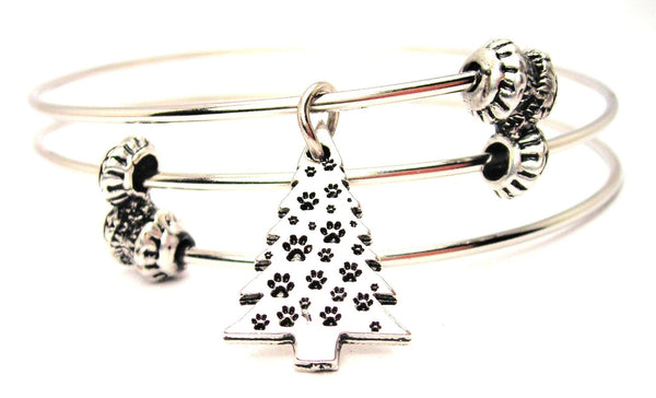 Paw Print Christmas Tree Triple Style Expandable Bangle Bracelet