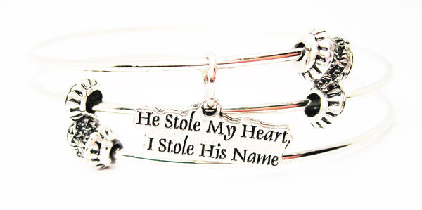 He Stole My Heart, I Stole His Name Triple Style Expandable Bangle Bracelet