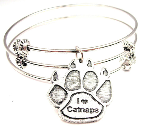 I Love Catnaps Paw Print Triple Style Expandable Bangle Bracelet