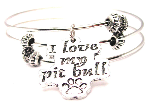 I Love My Pit Bull With Paw Print Triple Style Expandable Bangle Bracelet