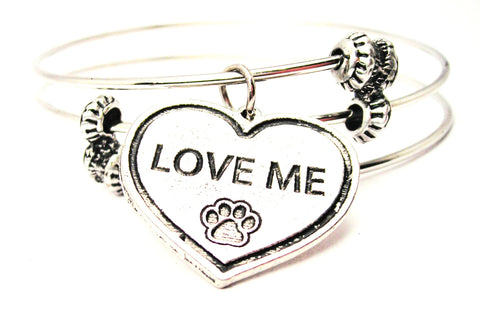 Love Me Heart With Paw Print Triple Style Expandable Bangle Bracelet