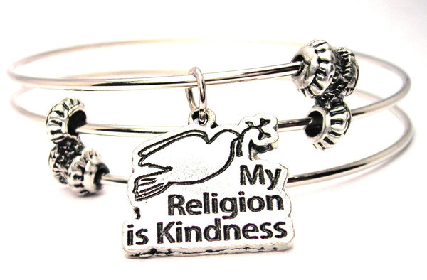 My Religion Is Kindness Dove Triple Style Expandable Bangle Bracelet