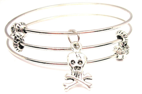 Traditional Skull And Crossbones Triple Style Expandable Bangle Bracelet