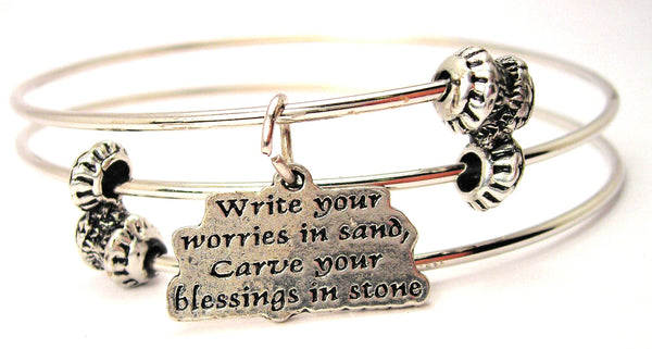 Write Your Worries In The Sand Carve Your Blessings In Stone Triple Style Expandable Bangle Bracelet