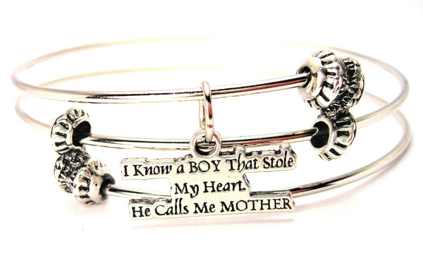 I Know A Boy That Stole My Heart He Calls Me Mother Triple Style Expandable Bangle Bracelet