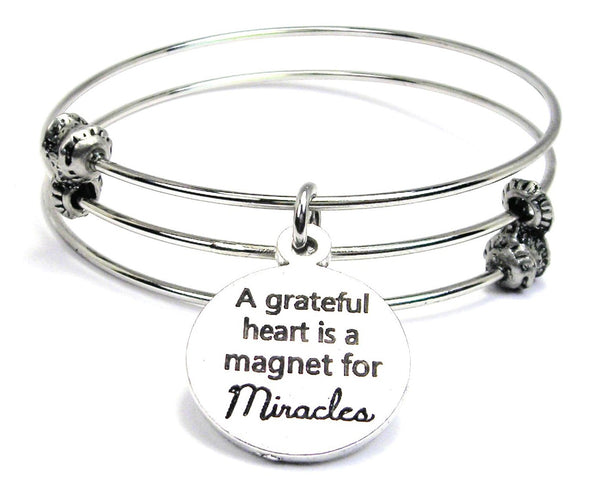 A Grateful Heart Is A Magnet For Miracles Triple Style Expandable Bangle Bracelet