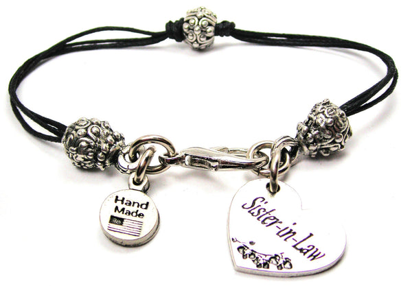 Sister In Law Heart Beaded Black Cord Bracelet