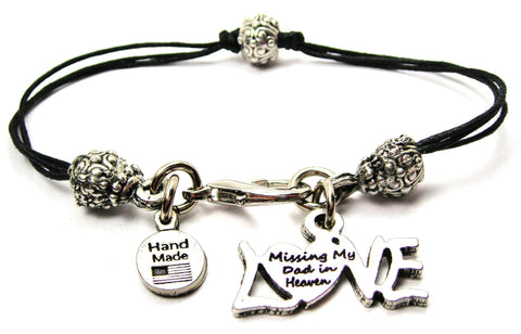 Missing My Dad In Heaven Beaded Black Cord Bracelet