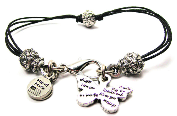 Whisper I Love You To A Butterfly It Will Fly To Heaven And Deliver Your Message Beaded Black Cord Bracelet