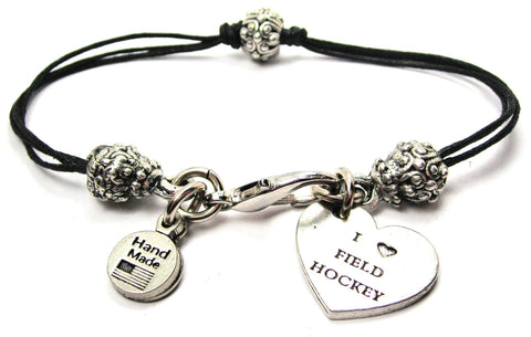 I Love Field Hockey Beaded Black Cord Bracelet