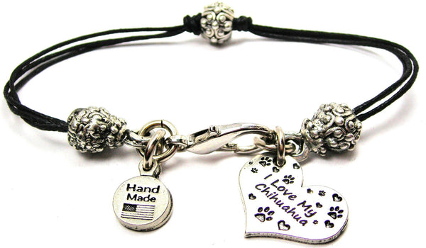 I Love My Chihuahua Heart Beaded Black Cord Bracelet