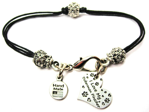 I Love My Doberman Pinscher Heart Beaded Black Cord Bracelet