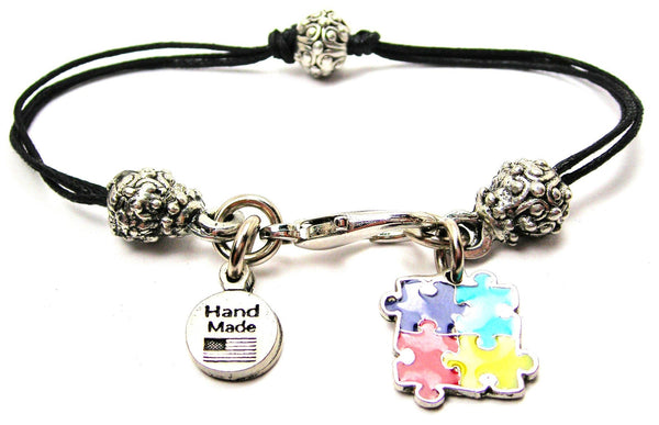 Autism Puzzle Pieces Painted Beaded Black Cord Bracelet