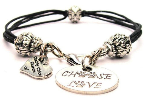 Choose Love With Paw Prints Beaded Black Cord Bracelet