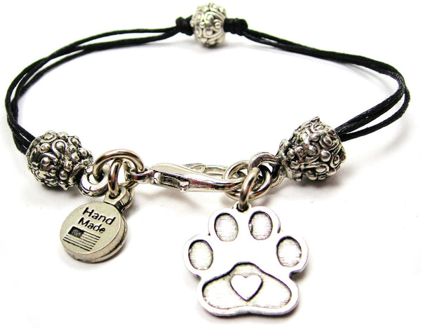 Center Heart Paw Print Beaded Black Cord Bracelet