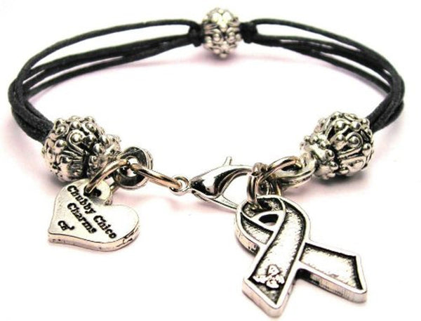 Awareness Ribbon With Butterfly Corner Beaded Black Cord Bracelet