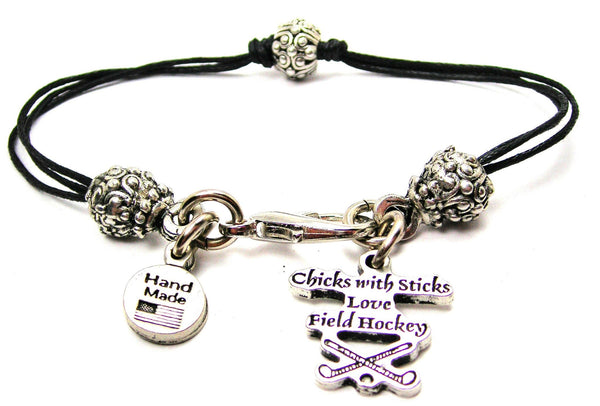 Chicks With Sticks Love Field Hockey Beaded Black Cord Bracelet