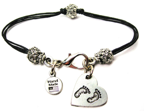 Baby Footprints On Your Heart Beaded Black Cord Bracelet