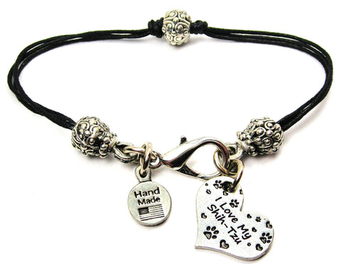 I Love My Shih Tzu Heart Beaded Black Cord Bracelet