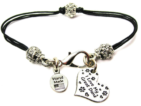 I Love My Great Dane Heart Beaded Black Cord Bracelet