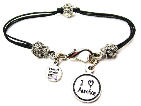 I Love Auntie Child Handwriting Beaded Black Cord Bracelet